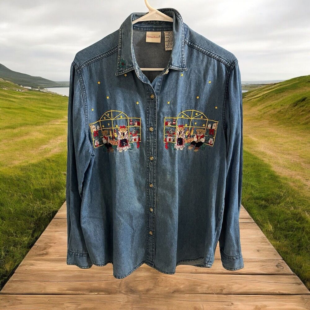 Christmas Shirt Women's M 8/10 Bobbie Brooks Embroidered Long Sleeve Denim Bears